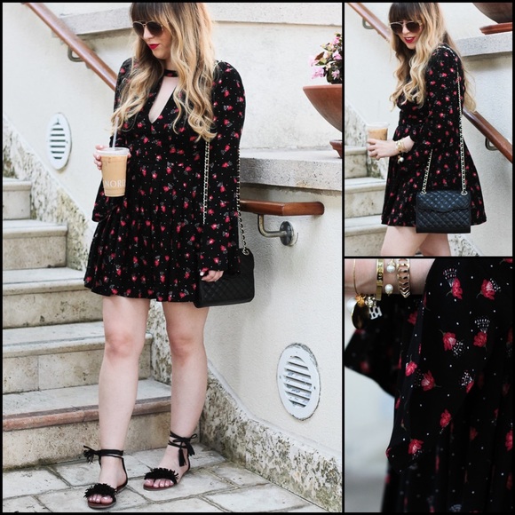 Free People Floral Keyhole Neck Bell Sleeve Pleated Mini Dress - Picture 3 of 8